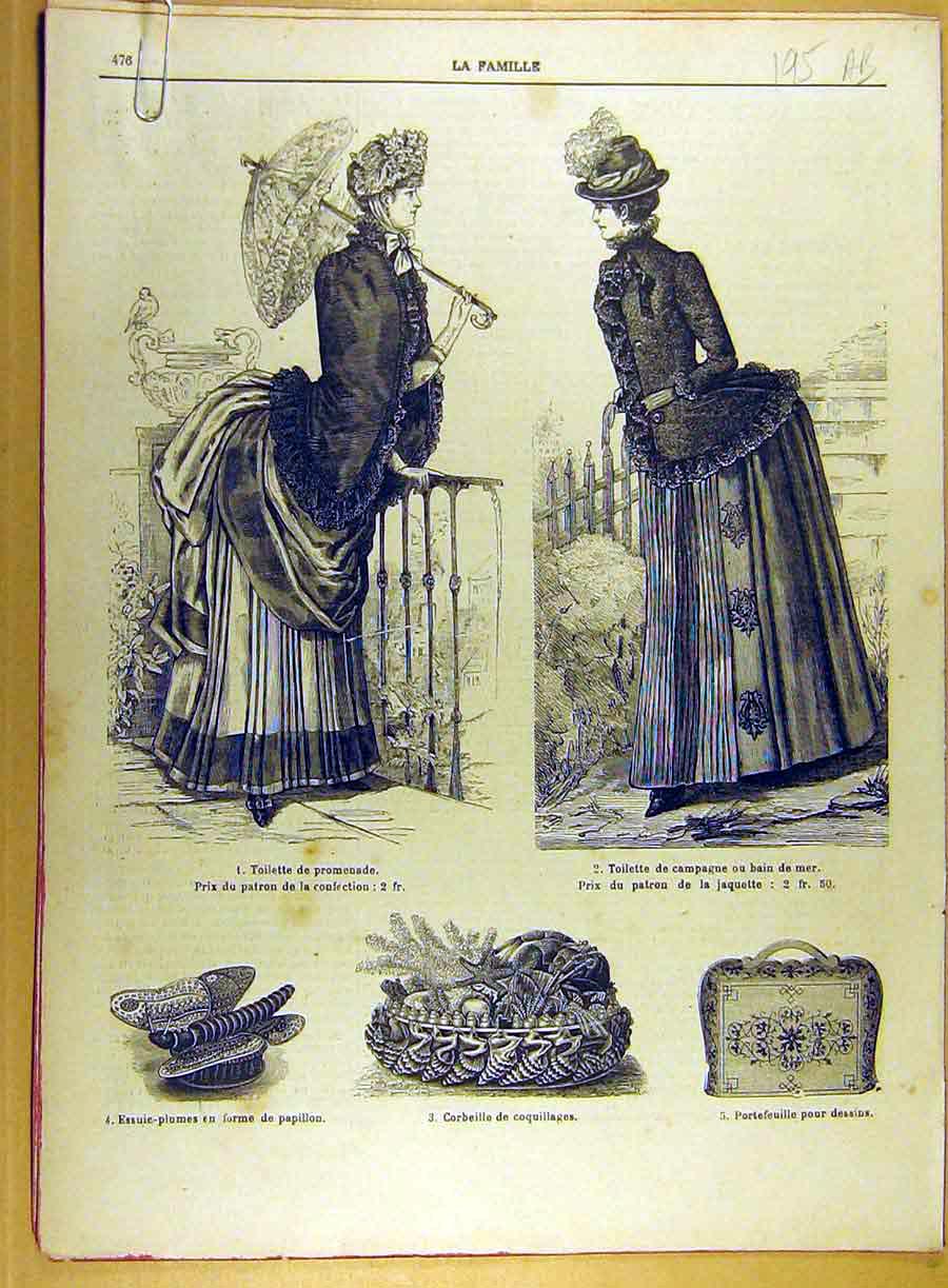 Original Old Antique Print 1885 Ladies Fashion Dresses Basket Chemise French