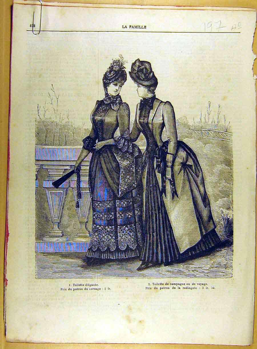 Original Old Antique Print 1885 Ladies Fashion Toilette Country Lace French