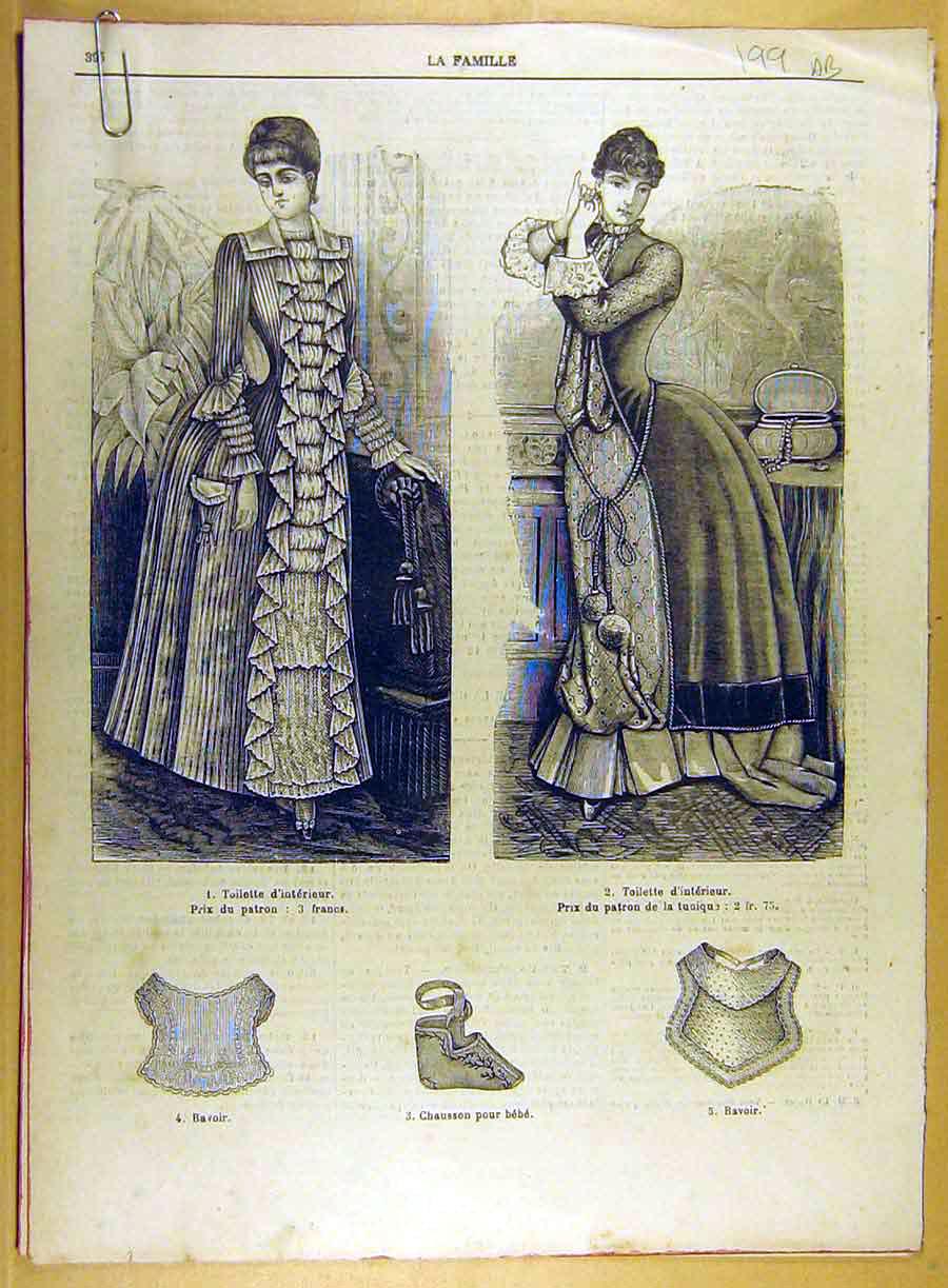 Original Old Antique Print 1885 Ladies Fashion Dress Bib Robe Pants French 19th
