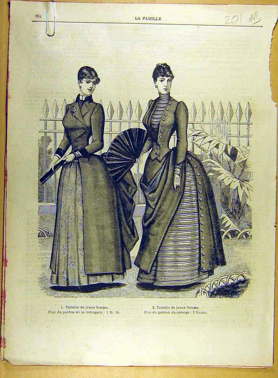 Original Old Antique Print 1885 Ladies Fashion Dress Child Shoes Lace French