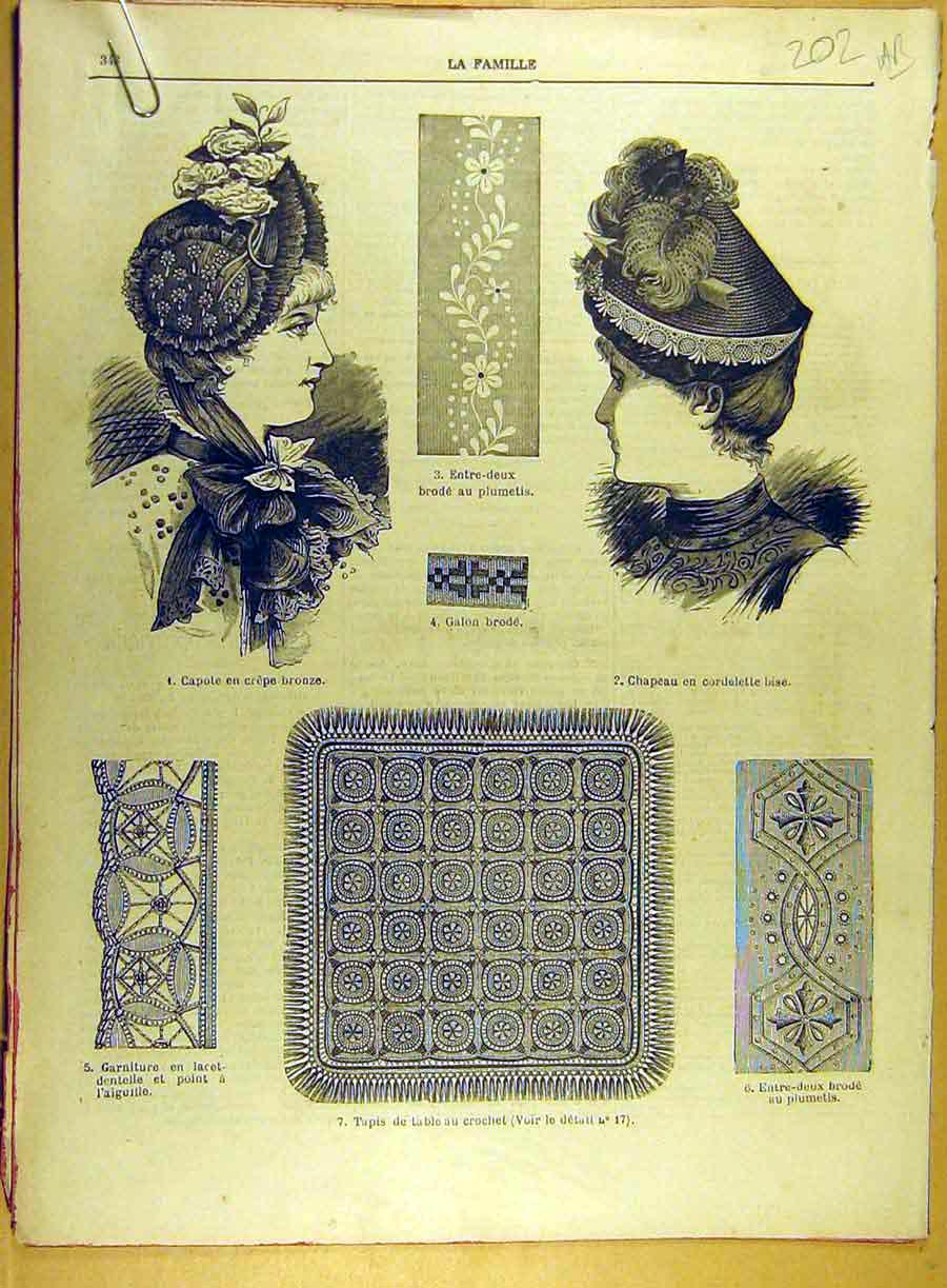 Original Old Antique Print 1885 Embroidery Lace Ladies Hat Boy French Victorian