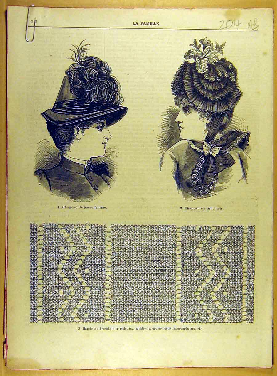 Original Old Antique Print 1885 Ladies Hat Lace Fashion Needlework French 19th