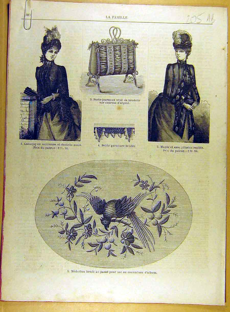 Original Old Antique Print 1885 Embroidery Ladies Fashion Sewing Lace French