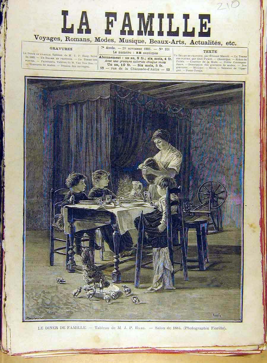 Old Antique Print 1885 Haag Dinner Family Table Children Chickens French 19th