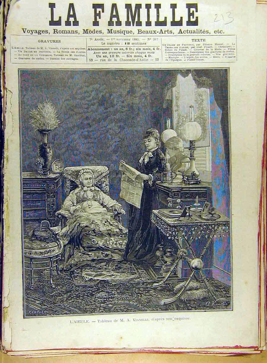 Original Old Antique Print 1885 Vianelli -Lady Woman News Aieule French 19th