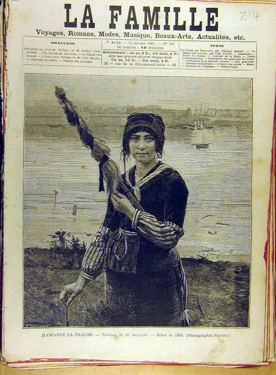 Original Old Antique Print 1885 Guillou Marianne Fileuse Lady French Art 19th