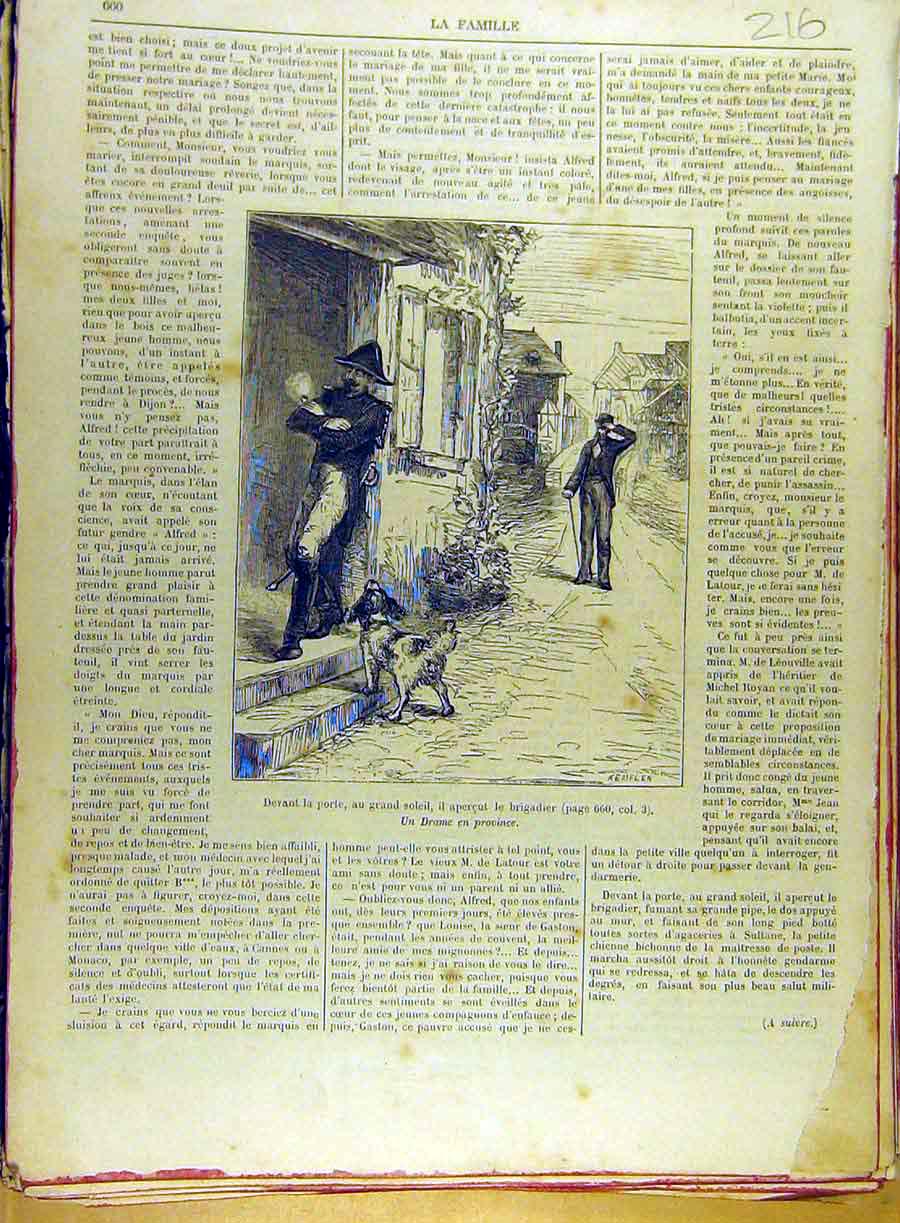 Original Old Antique Print 1885 Brigadier Drama Dog Province French Victorian
