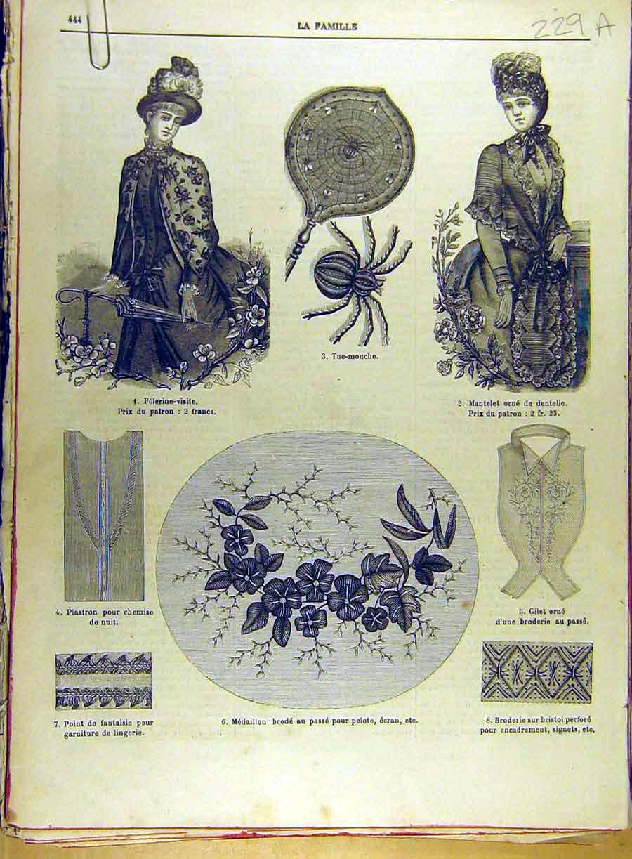 Original Old Antique Print 1885 Ladies Fashion Medaillon Embroidery French 19th