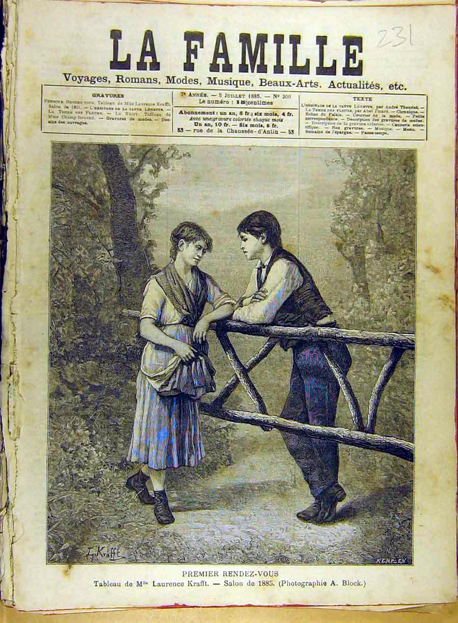 Original Old Antique Print 1885 Krafft First-Love Premier-Rendezvous French 19th