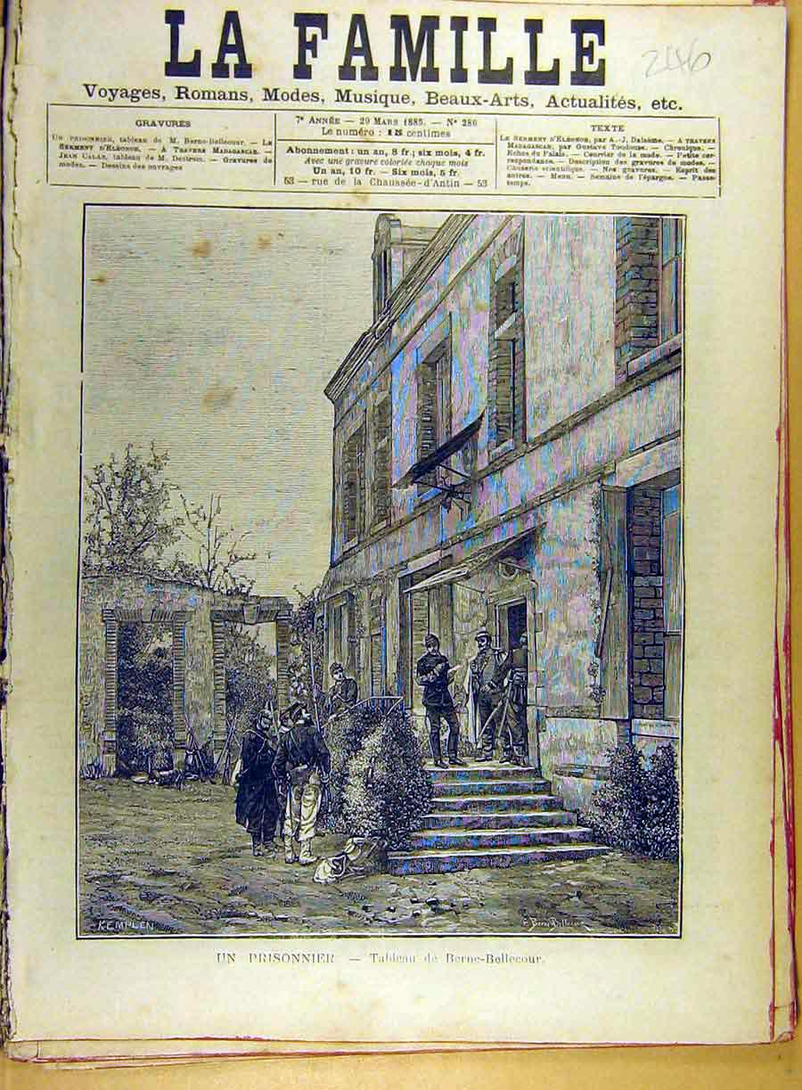 Original Old Antique Print 1885 Berne-Bellecour Prisoner French Fine Art 19th