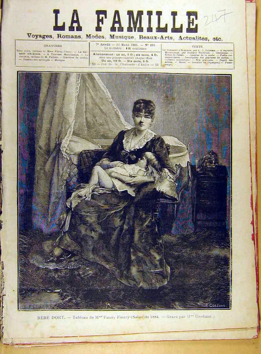 Original Old Antique Print 1885 Fleury Bebe-Dort Child Mother French Art 19th