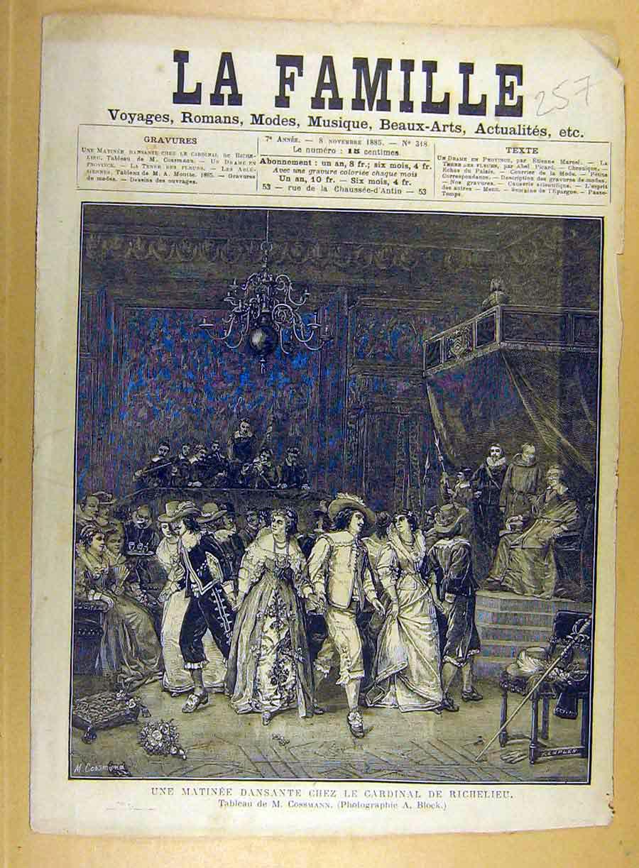 Original Old Antique Print 1885 Cardinal Richelieu Dance Ball Cossman French