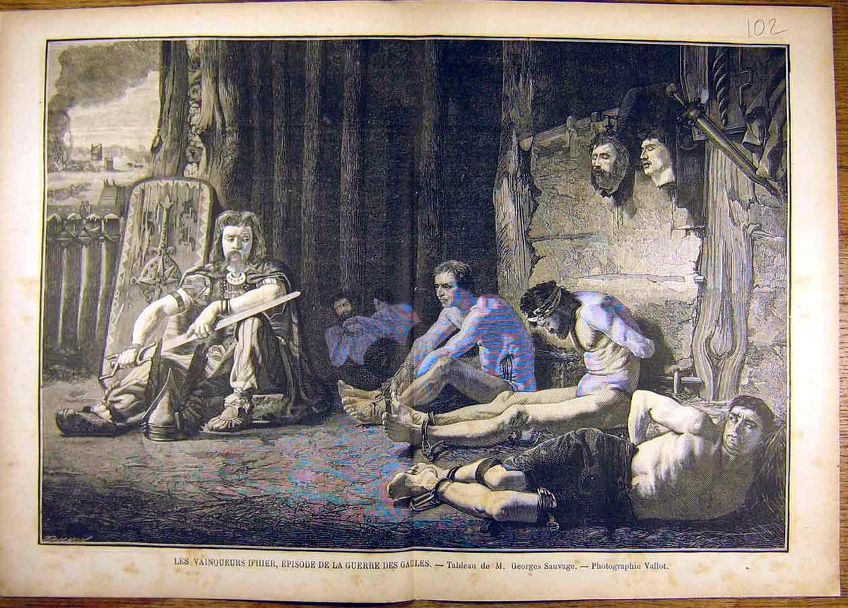 Original Old Antique Print Painting Vainqueurs D'Hier Episode Guerre Gaules