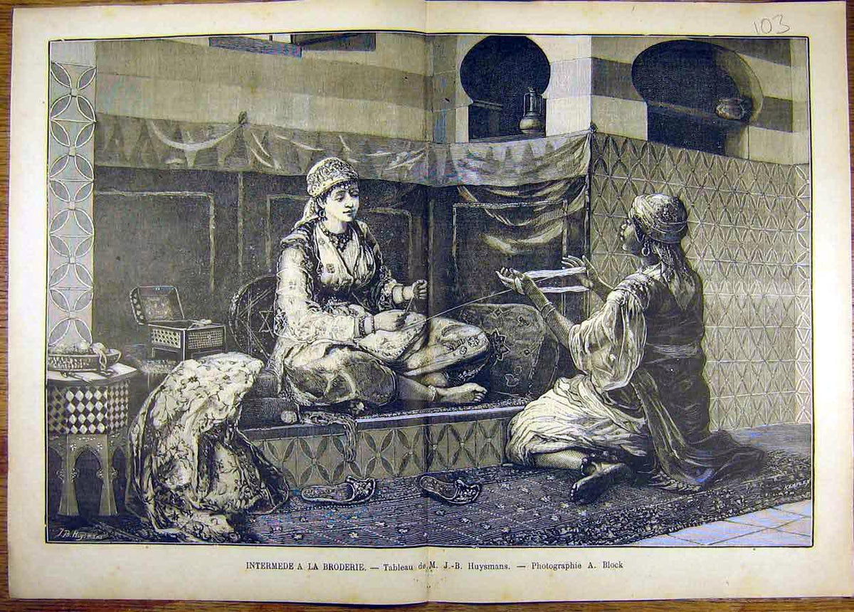 Original Old Antique Print Painting Intermede Broderie Huysmans Fine Art French