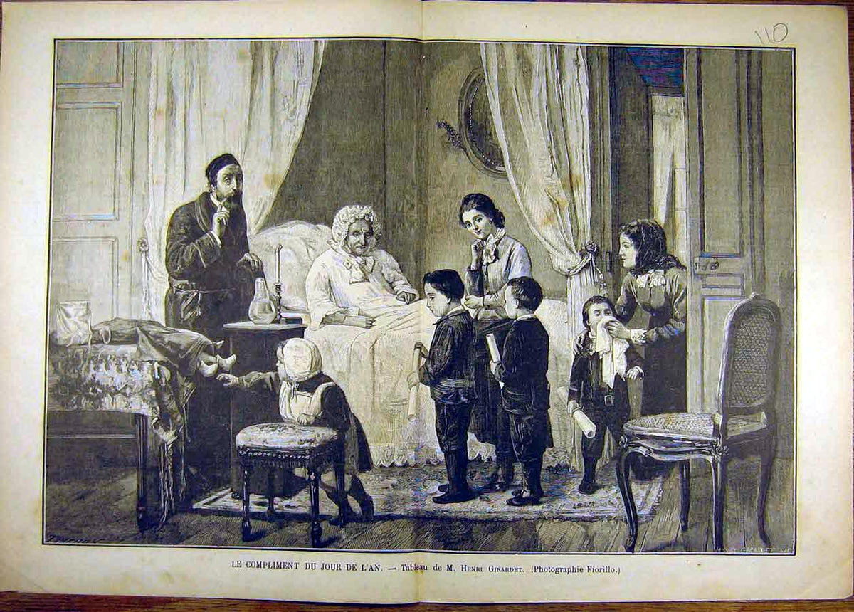 Original Old Antique Print Painting Compliment Jour De L'An Girardet French