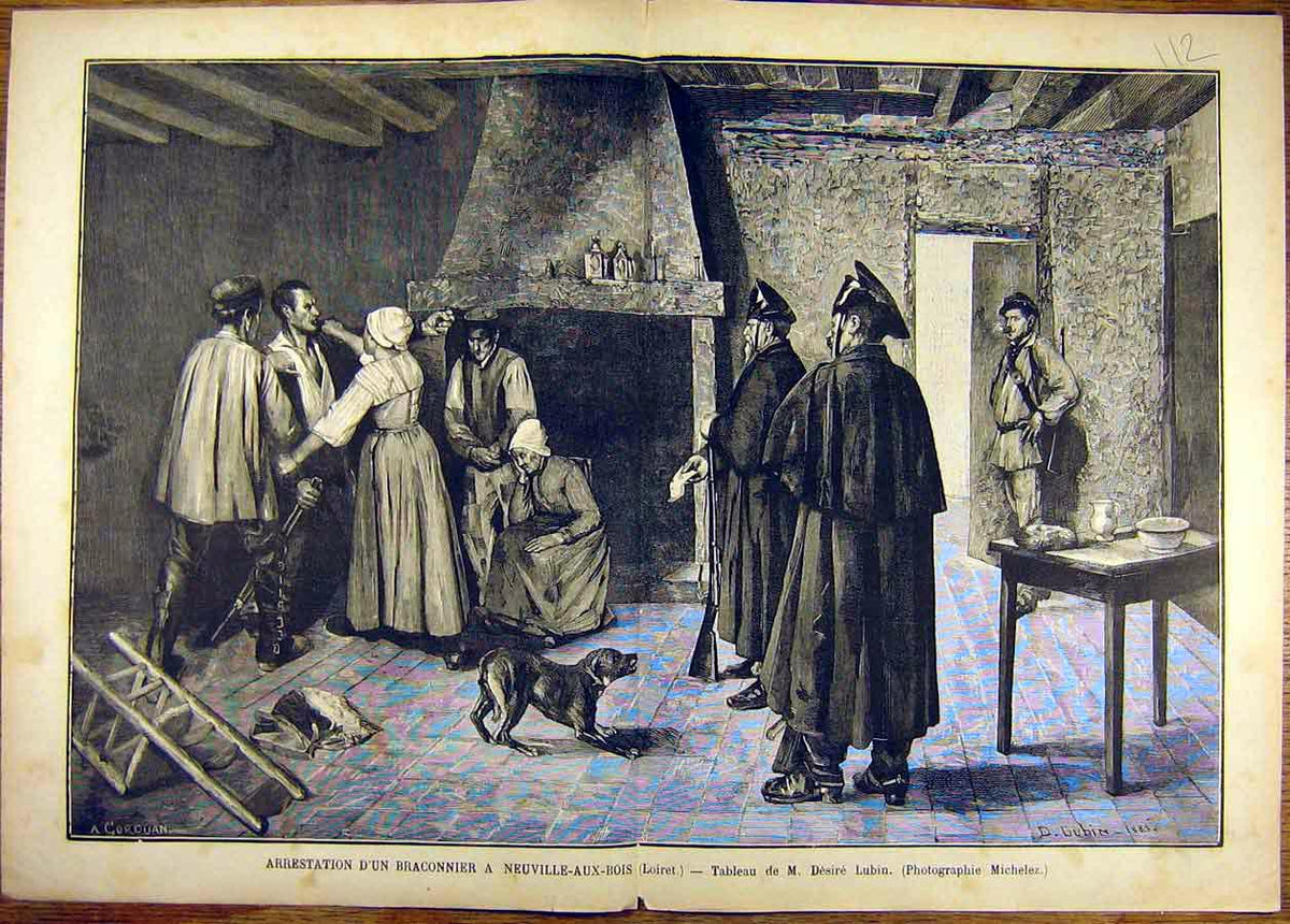 Old Antique Print Painting Areest Braconnier Neuville Bois Loiret Lubin