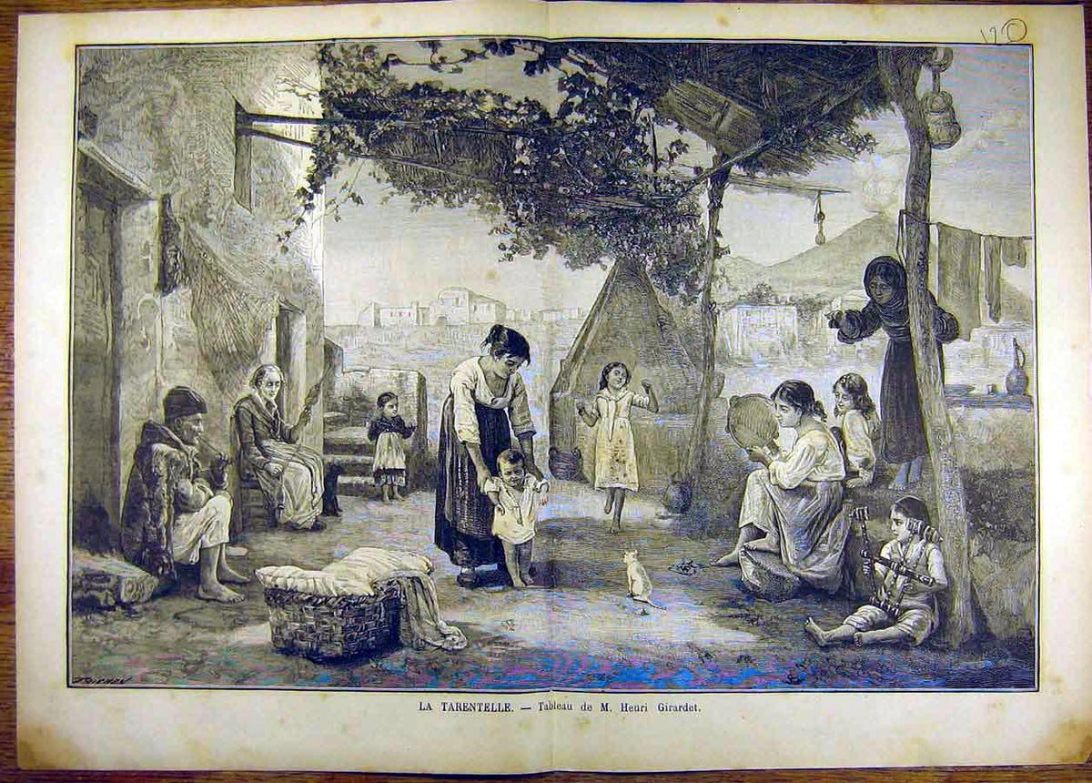 Original Old Antique Print Painting Tarentelle Girardet Fine Art French