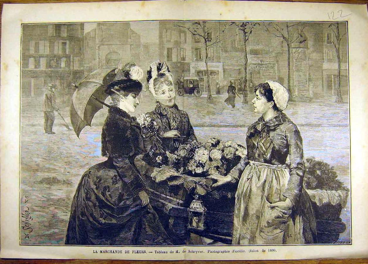 Old Antique Print Painting Marchande Fleurs Schryver Salon 1886 Fine Art 19th
