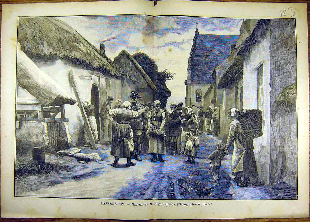 Original Old Antique Print Painting Arrestation Hugo Salmson Village French