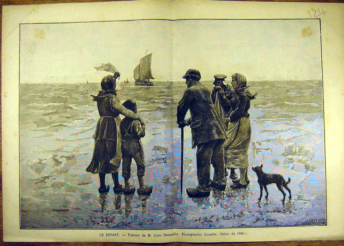 Original Old Antique Print Painting Le Depart Ship Family Denneulin 1886 Salon