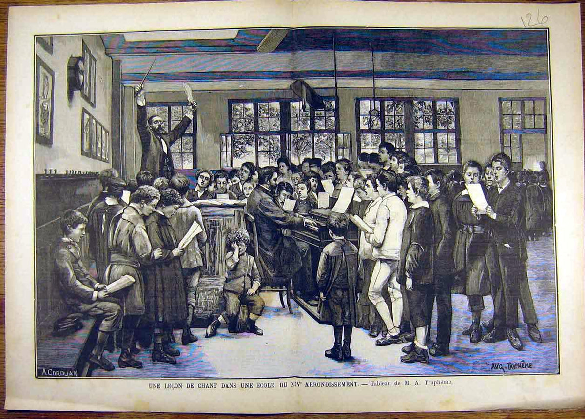 Original Old Antique Print Painting Trupheme Lecon Chant Ecole Arrondissement