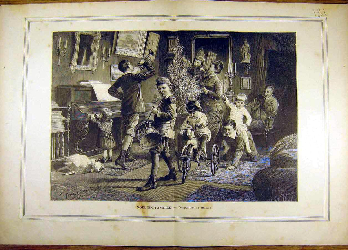 Old Antique Print Painting Noel Famille Rudaux Christmas Children French