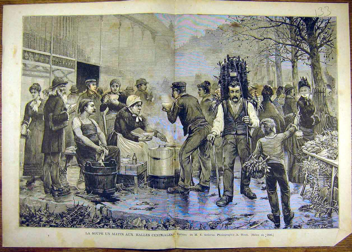 Original Old Antique Print Painting Soupe Matin Halles Centrales Gotorue 1886