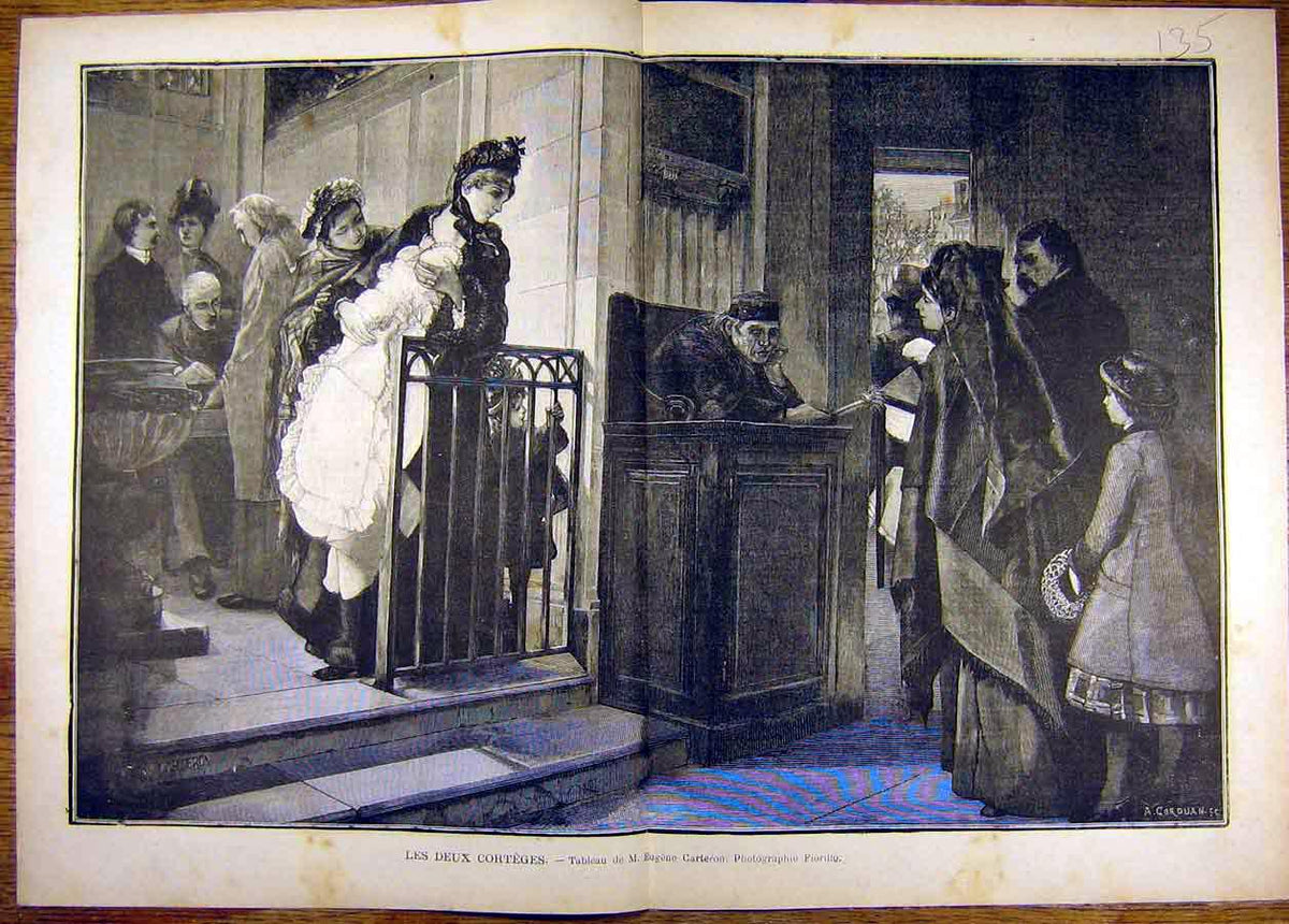 Original Old Antique Print Painting Deux Corteges Carteron Fine Art French