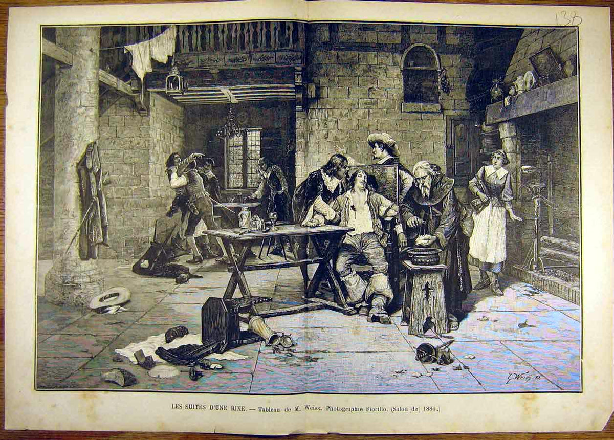 Original Old Antique Print Painting Art Suites D'Une Rixe Weiss 1886 Fine Art