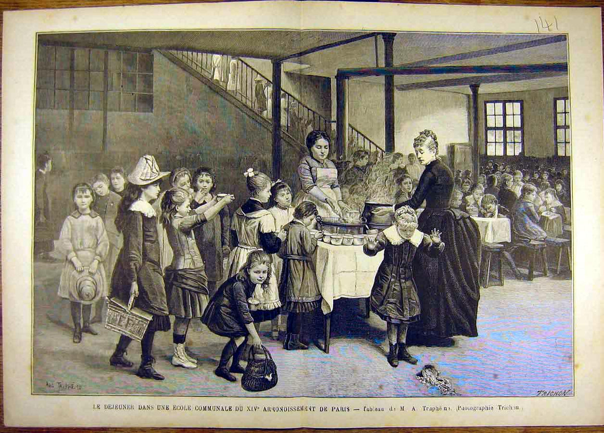 Original Old Antique Print Painting Dejeuner Ecole Communale Arrondissement