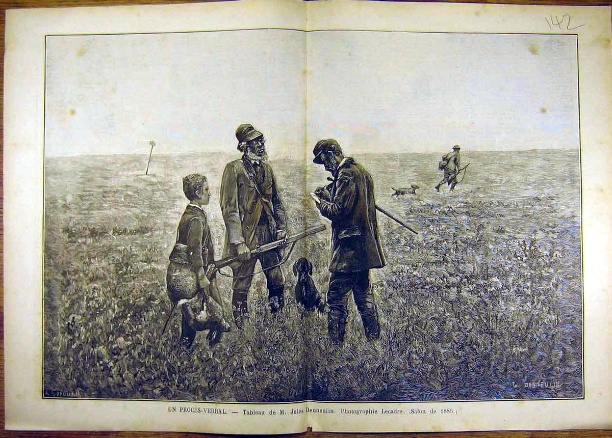 Original Old Antique Print Painting Proces Verbal Hunt Shoot Denneulin Lecadre
