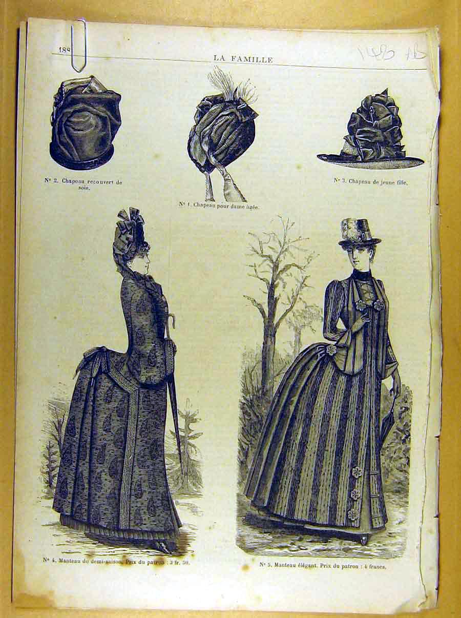 Old Antique Print Ref.225 Ladies Fashion Dress Corsage Hat French Costume