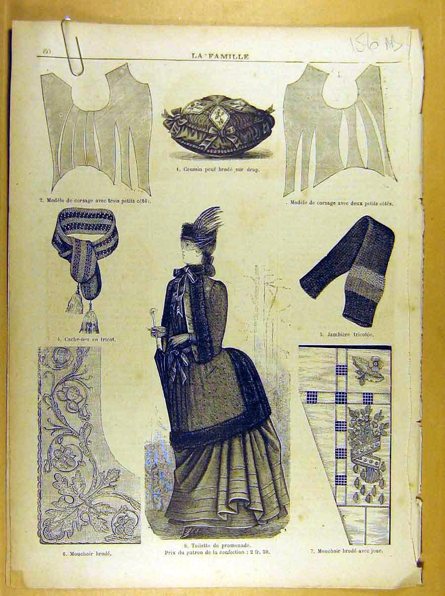 Old Antique Print Ref.233 Ladies Fashion Dress Corsage Hat French Costume