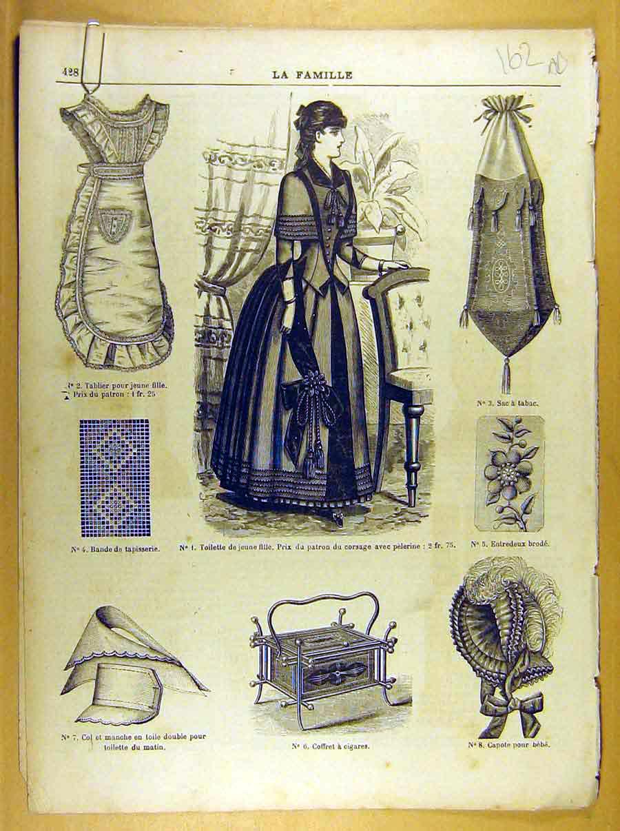Original Old Antique Print *239 Ladies Fashion Dress Corsage Hat French Costume