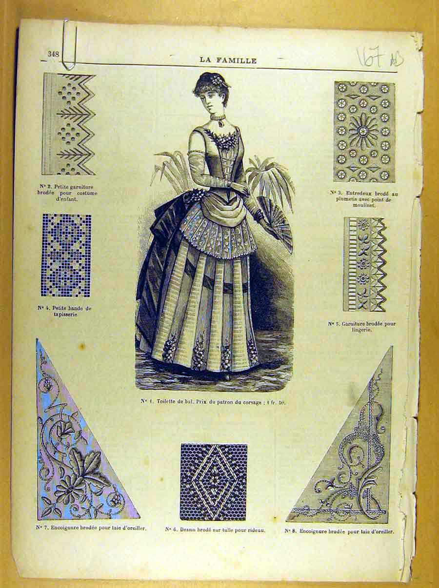 Old Antique Print Ref.244 Ladies Fashion Dress Corsage Hat French Costume