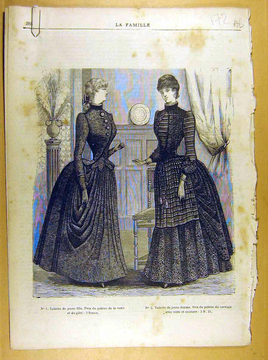 Original Old Antique Print Ladies Fashion French Toilette Fabric Dress Hat