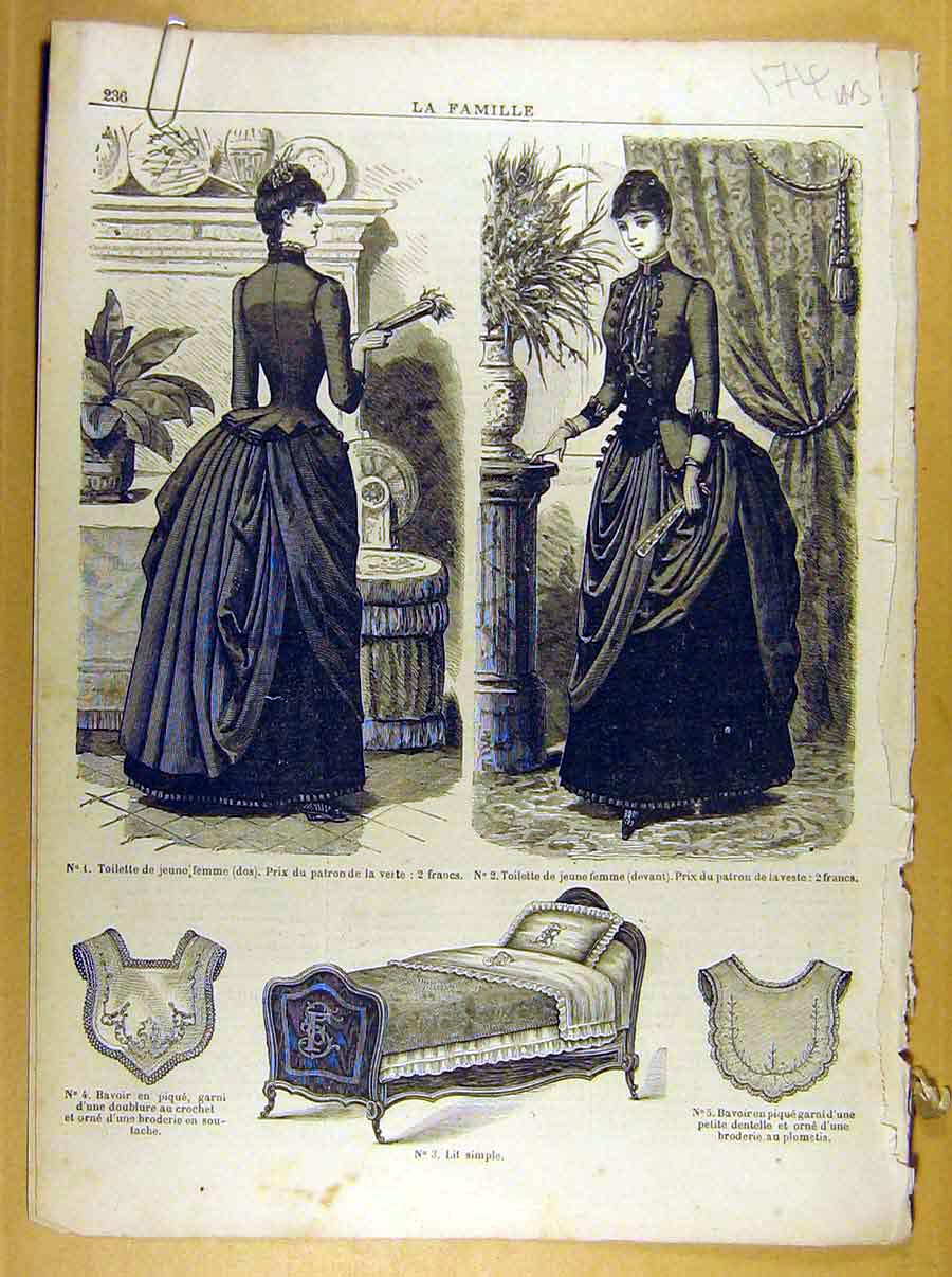 Original Old Antique Print *248 Ladies Fashion French Toilette Fabric Dress Hat