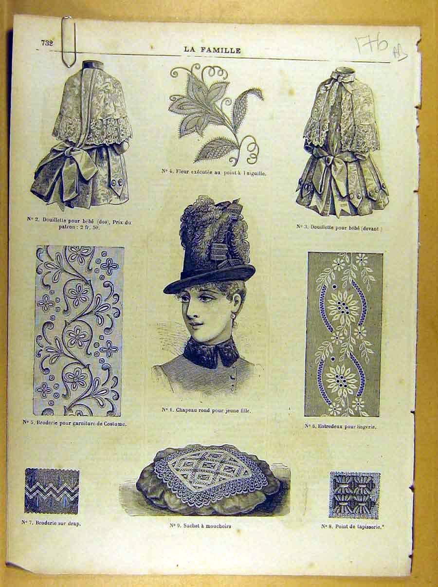 Original Old Antique Print *250 Ladies Fashion French Toilette Fabric Dress Hat