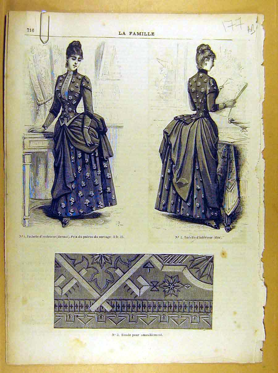Old Antique Print Ref.251 Ladies Fashion French Toilette Fabric Dress Hat