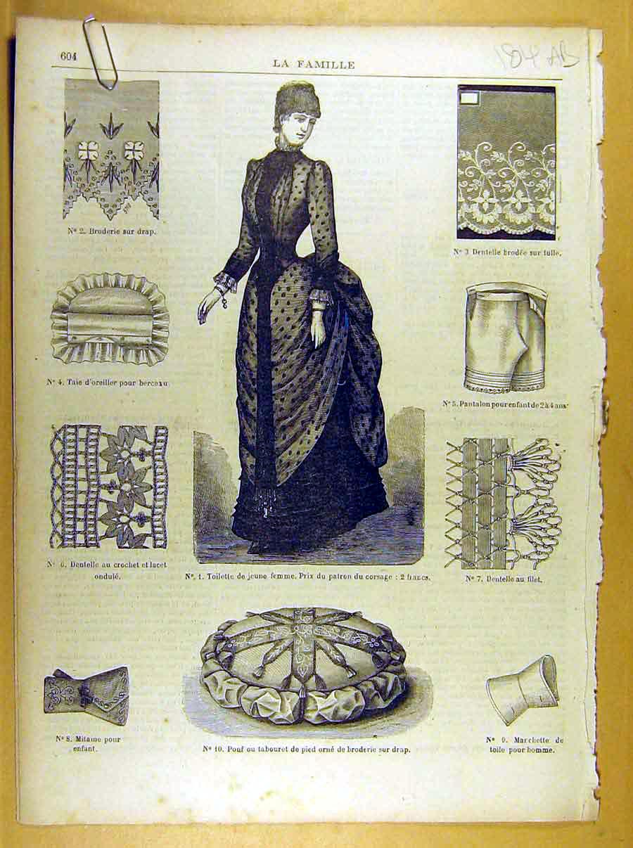Old Antique Print Ref.258 Ladies Fashion French Toilette Fabric Dress Hat
