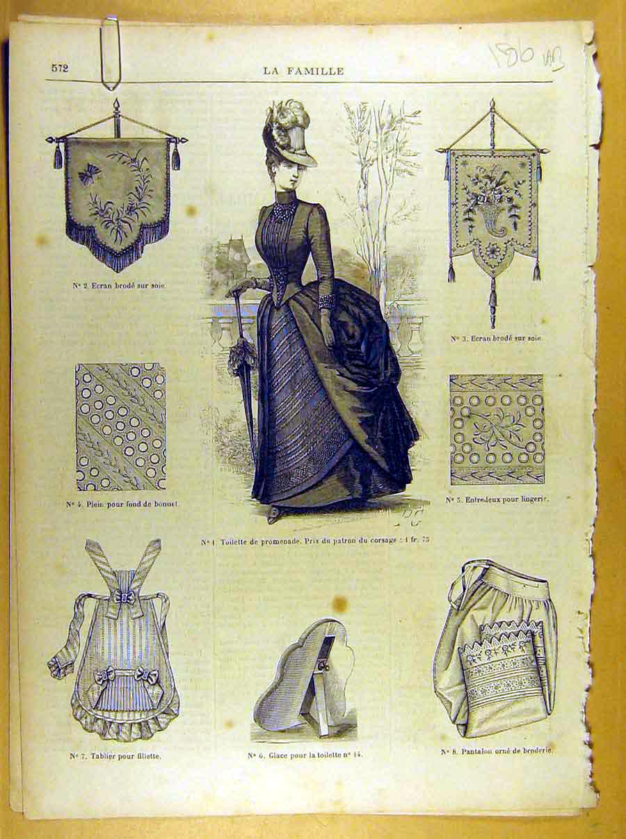 Original Old Antique Print *260 Ladies Fashion French Toilette Fabric Dress Hat