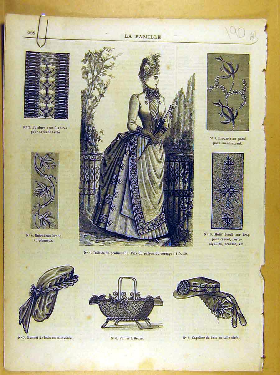 Old Antique Print Ref.264 Ladies Fashion French Toilette Fabric Dress Hat