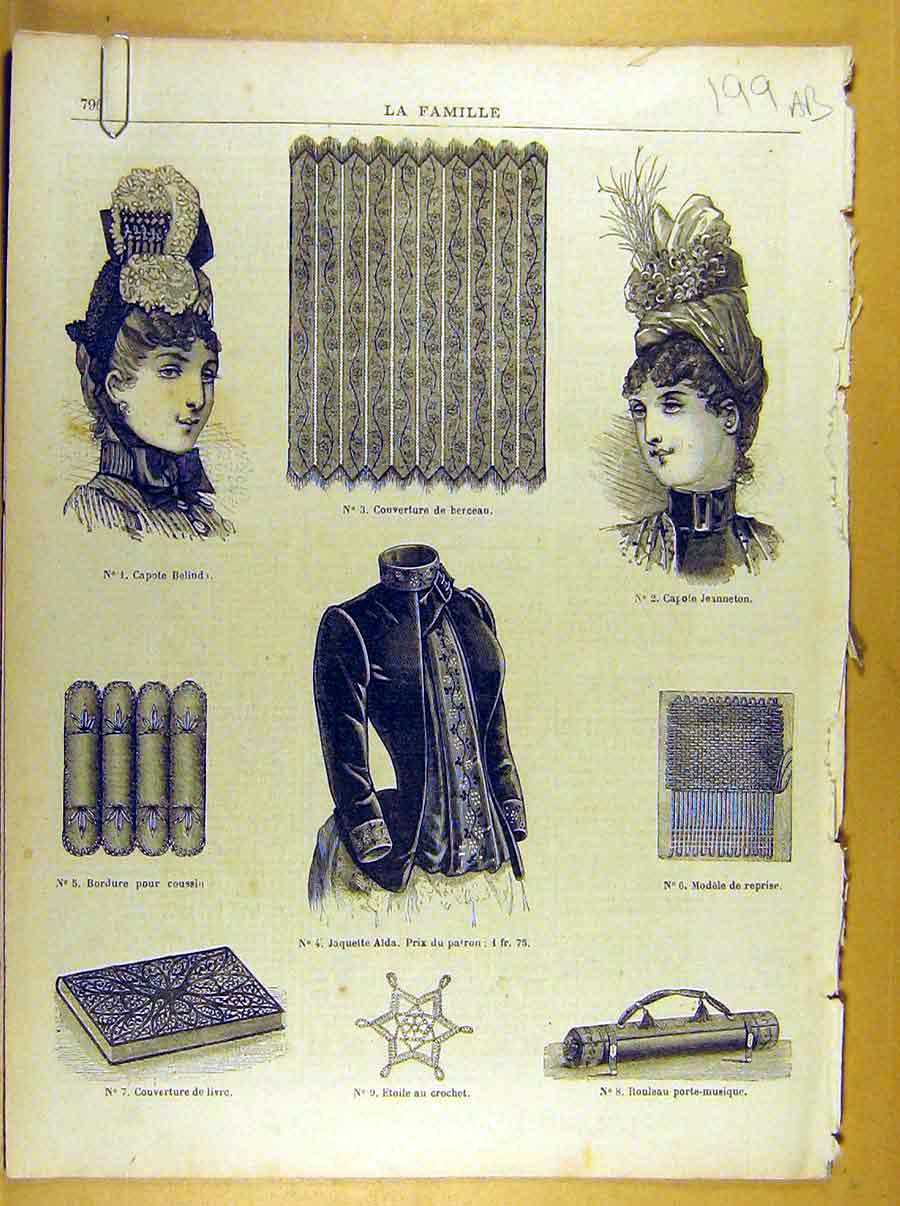 Original Old Antique Print *271 Ladies Fashion French Toilette Fabric Dress Hat
