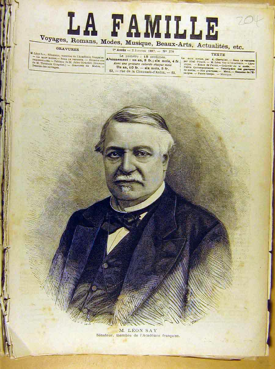 Original Old Antique Print French 1886 Art Portrait Leon Say Senator Victorian
