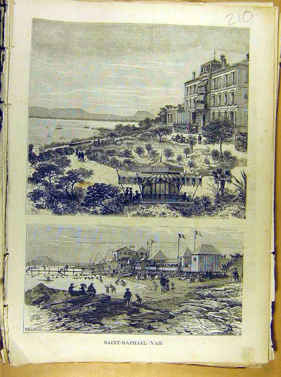 Original Old Antique Print Saint Raphael Var Port Sea Harbour Hotel Beach 1886