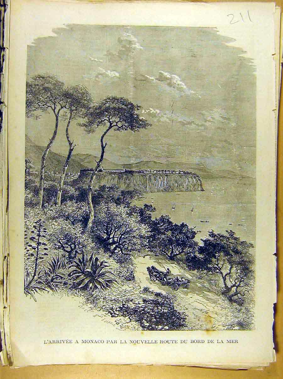 Original Old Antique Print French 1886 Art Arrivee Monaco Nouvelle Route 19th