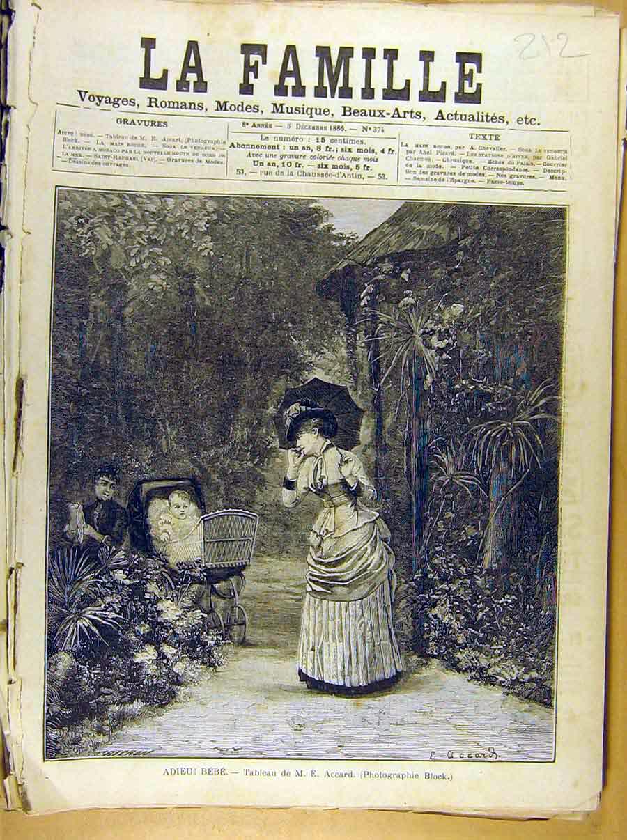 Original Old Antique Print Painting French 1886 Art Adieu Bebe Accard Victorian