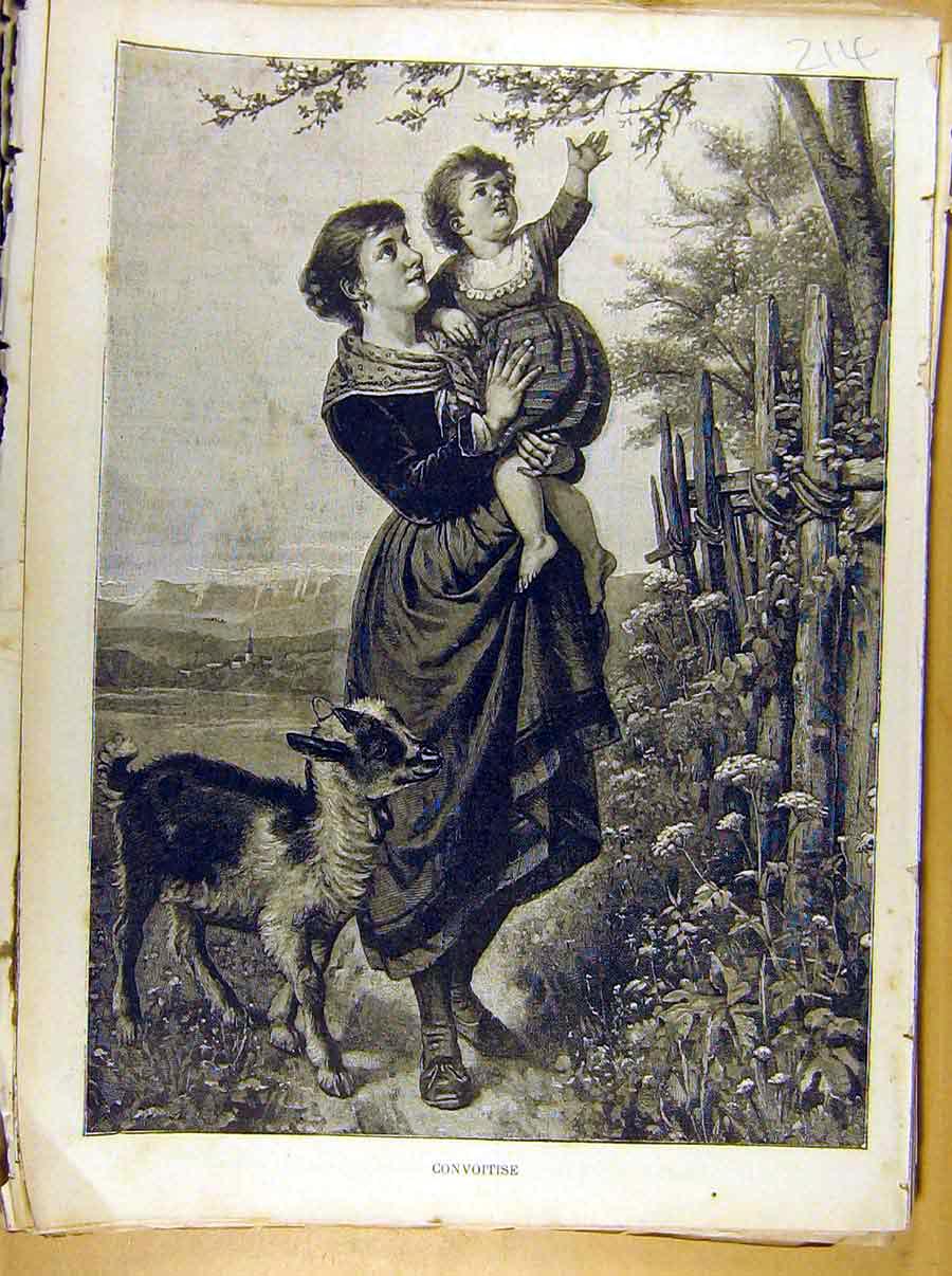 Original Old Antique Print Painting French 1886 Art Convoitise Child Lamb 19th