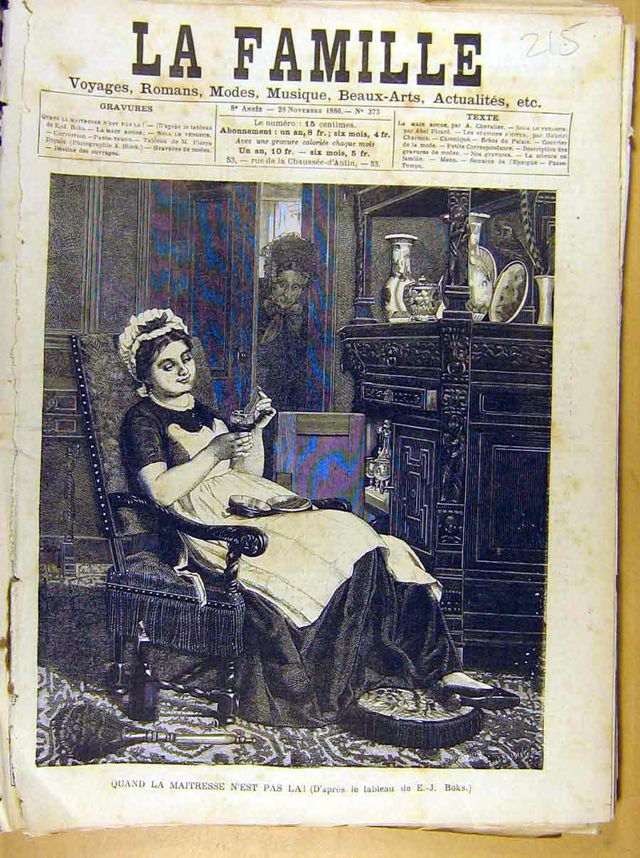 Original Old Antique Print Painting French 1886 Art Quand Maitresse Boks 19th