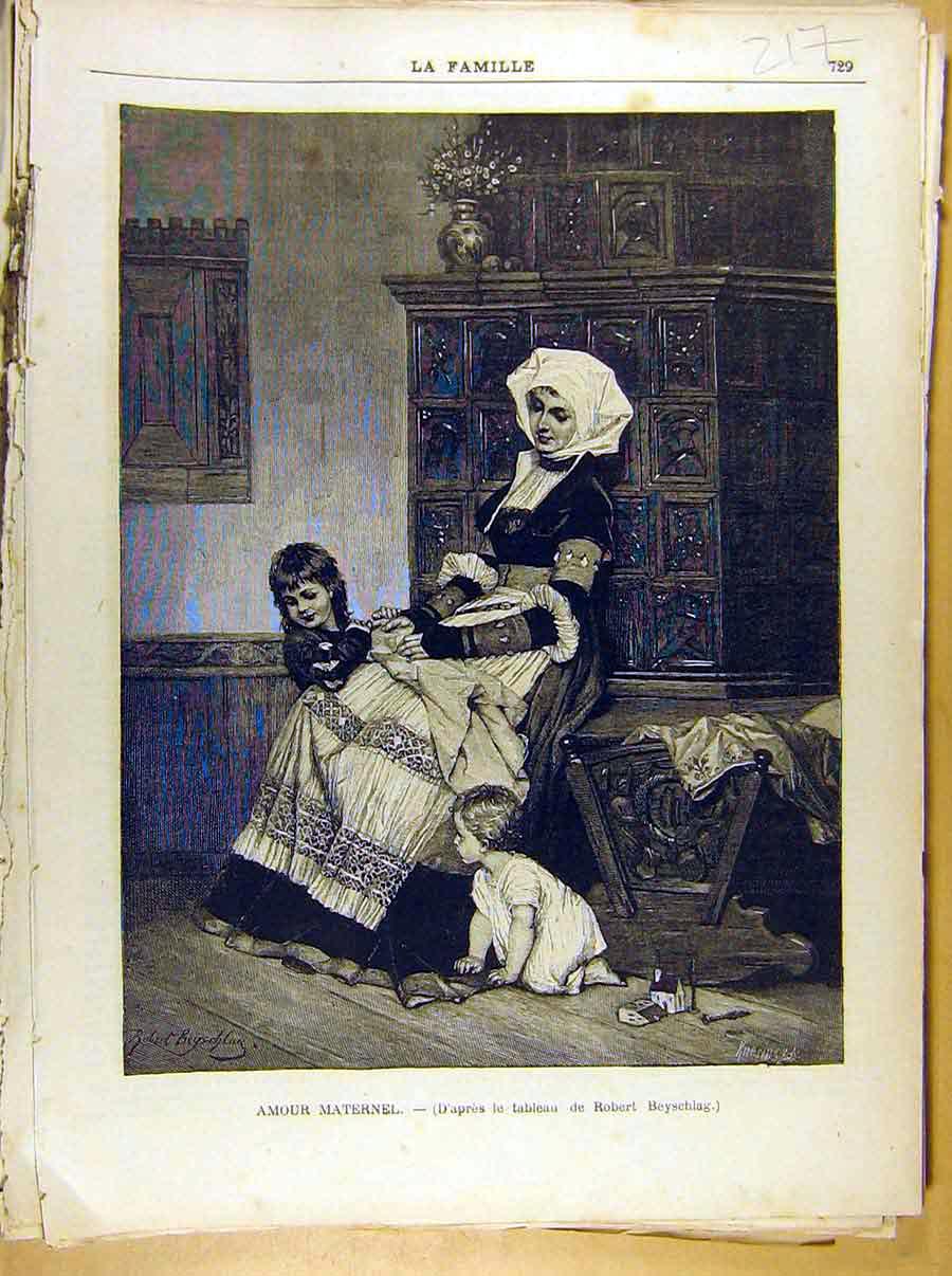Original Old Antique Print Painting French 1886 Art Amour Maternel Beyschla 19th